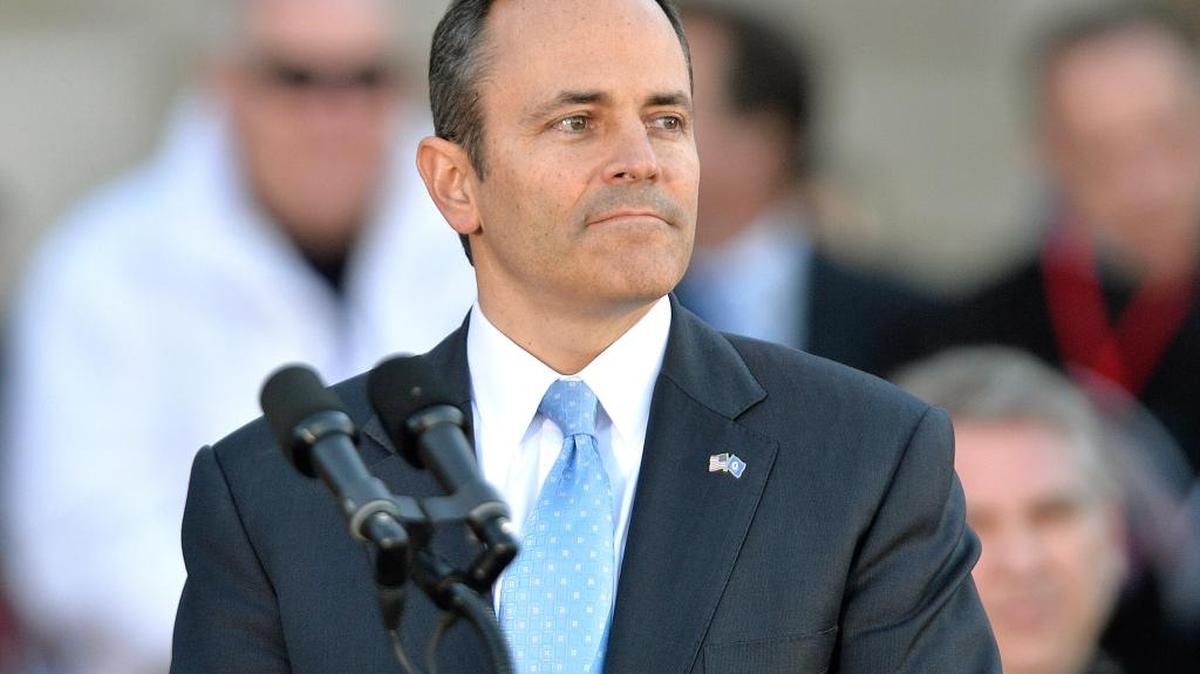 Gov. Matt Bevin surveys the crowd before delivering his inaugural address.