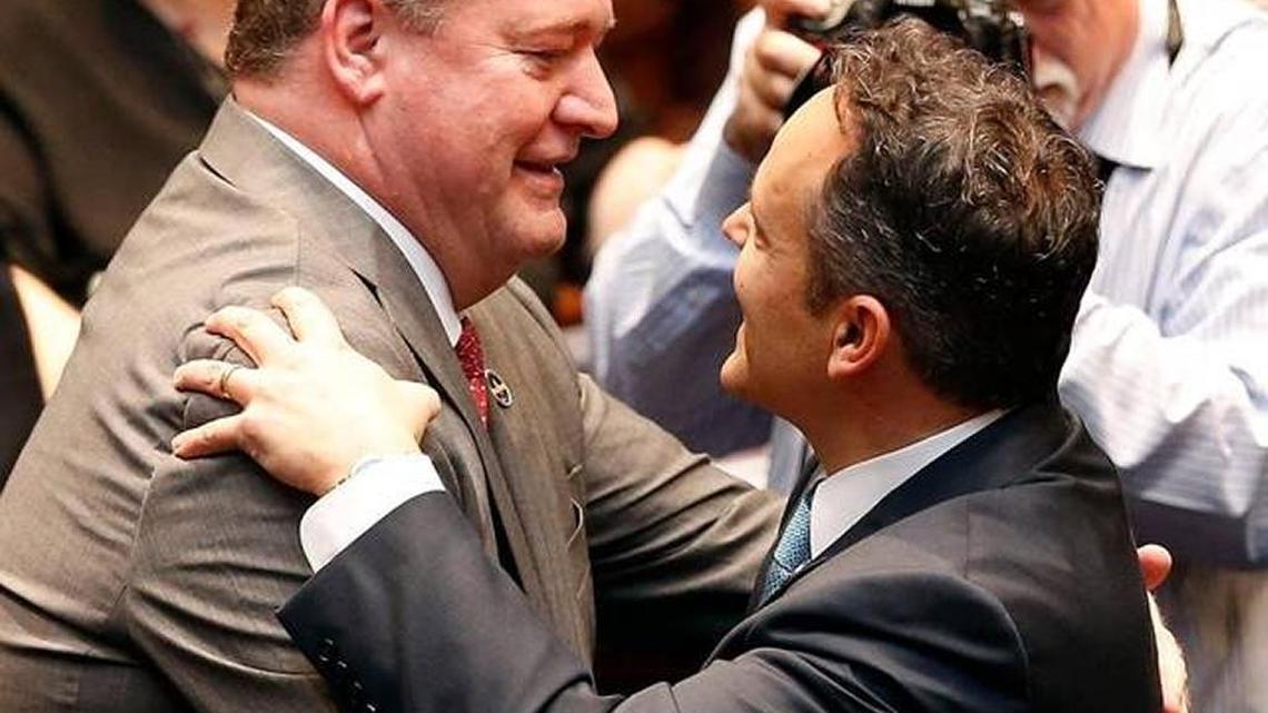 House Speaker Jeff Hoover, left, and Gov. Matt Bevin before Hoover’s Jan. 3 swearing in as only the third Republican House speaker in Kentucky’s history.