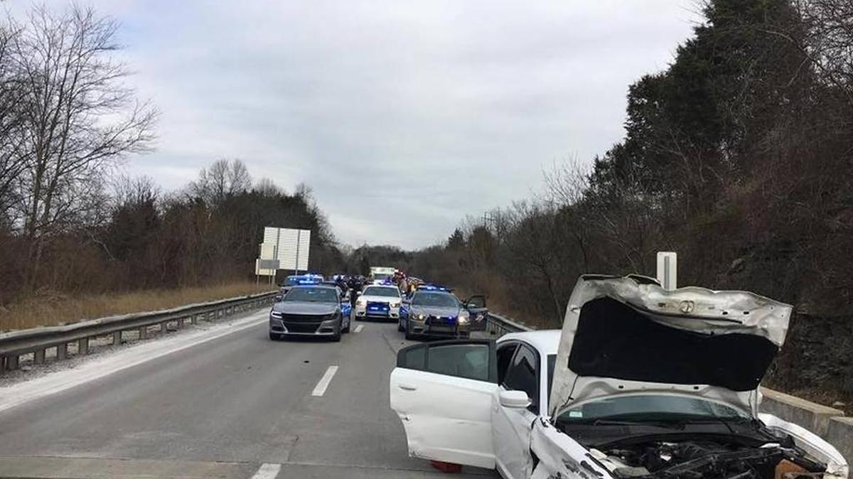 The suspect’s car after it crashed into another car on Interstate 64 in Franklin County after a police pursuit that began in Berea.