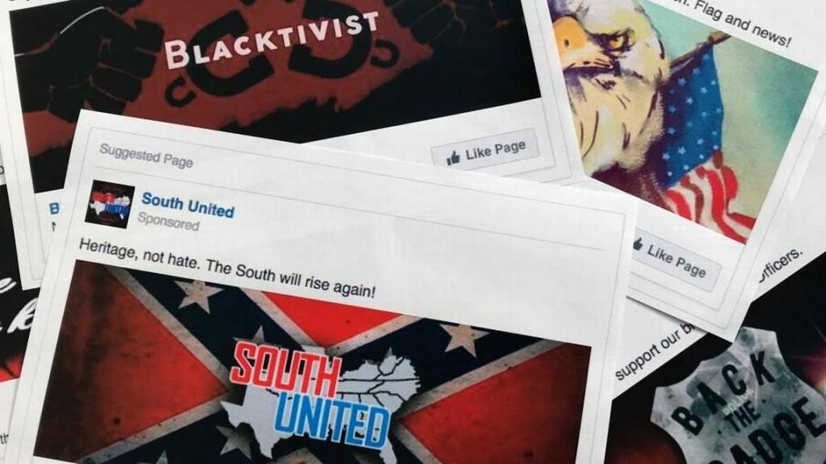 Some of the Facebook ads linked to a Russian effort to disrupt the American political process and stir up tensions around divisive social issues, released by members of the U.S. House Intelligence committee, were photographed in Washington in November.