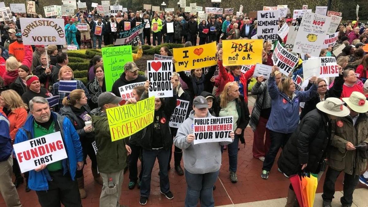 Teachers gathered at the Capitol in Frankfort Wednesday to protest Gov. Matt Bevin’s proposed pension changes.