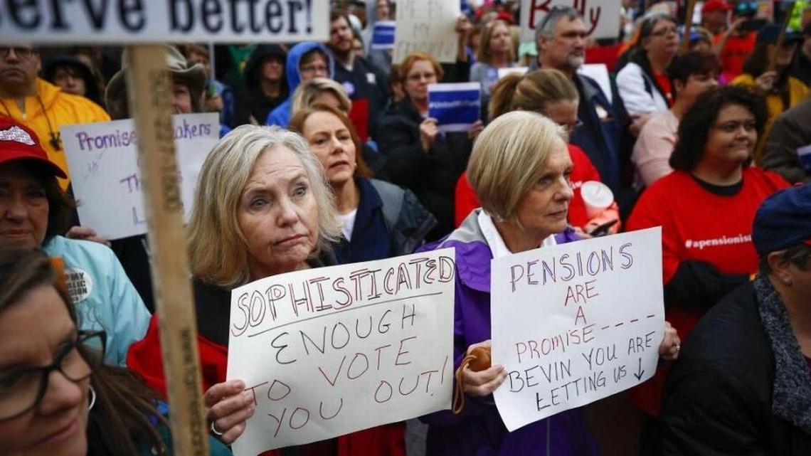 Teachers and retired teachers rallied against Gov. Matt Bevin’s pension plan last year in Frankfort.