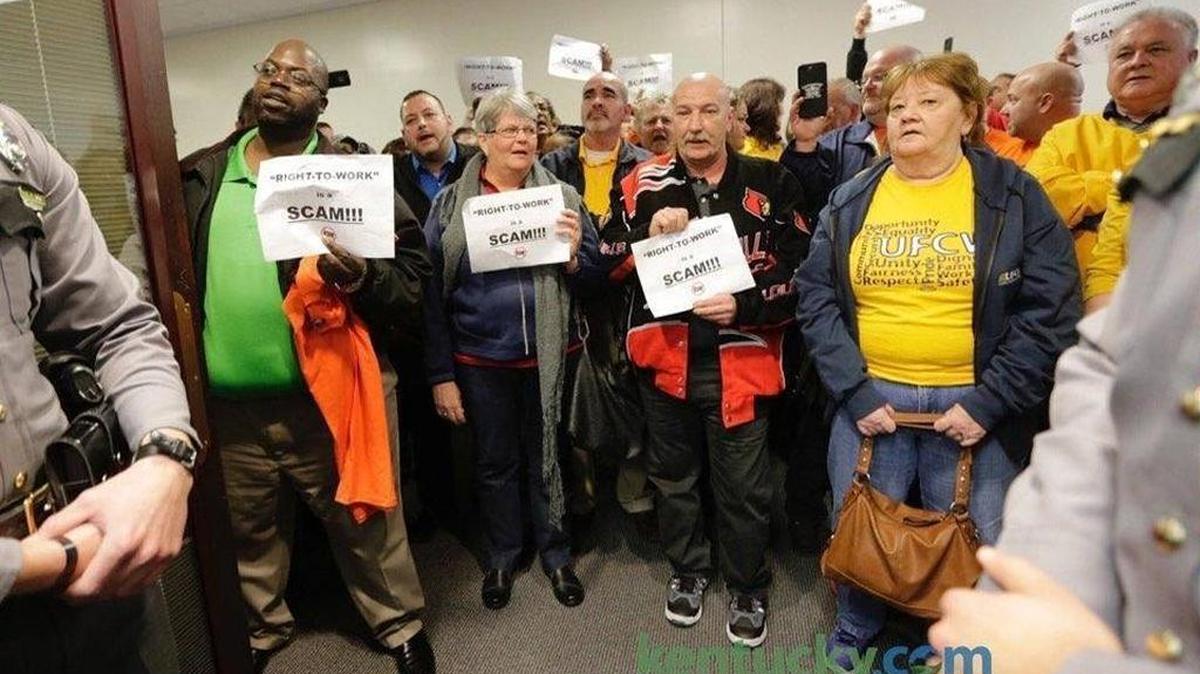 Union workers protested a House committee’s approval of right-to-work legislation in 2017 from a hallway in the Capitol Annex because there was no room for them in the committee’s chamber.