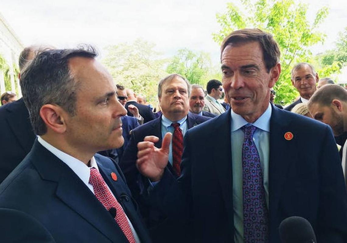 Braidy Industries Inc. CEO Craig Bouchard, right, and Republican Gov. Matt Bevin speak with reporters in Wurtland. The aluminum company says it will spend $1.3 billion to build an aluminum plant in Greenup County, pledging to hire 550 people.
