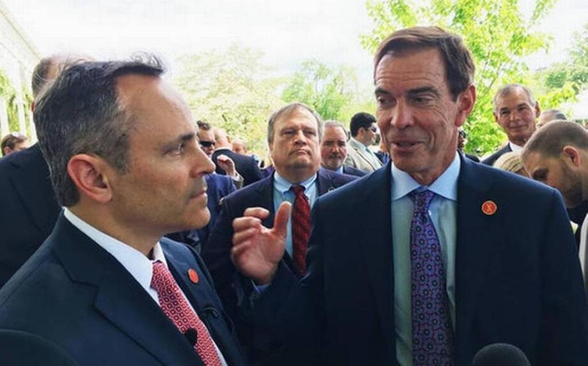 Braidy Industries Inc. CEO Craig Bouchard, right, and Republican Gov. Matt Bevin spoke with reporters in Wurtland in April. The company plans to build an aluminum plant in Greenup County, hiring 550 people.