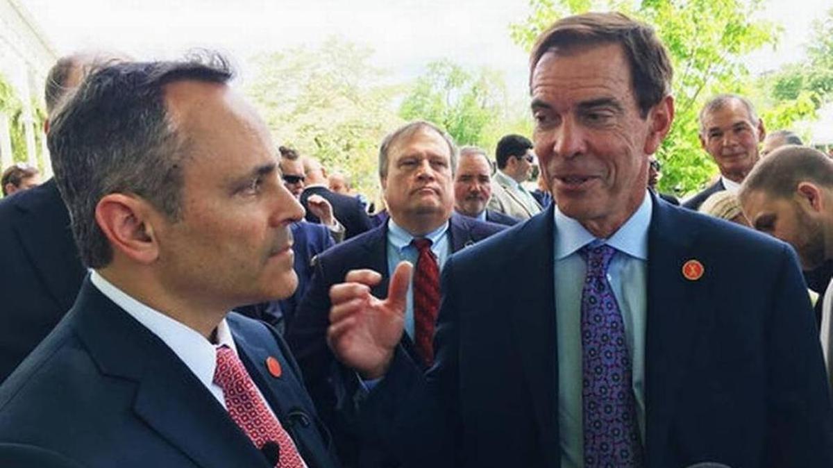 Braidy Industries Inc. CEO Craig Bouchard, right, and Republican Gov. Matt Bevin spoke with reporters in Wurtland in April. The company plans to build an aluminum plant in Greenup County, hiring 550 people.