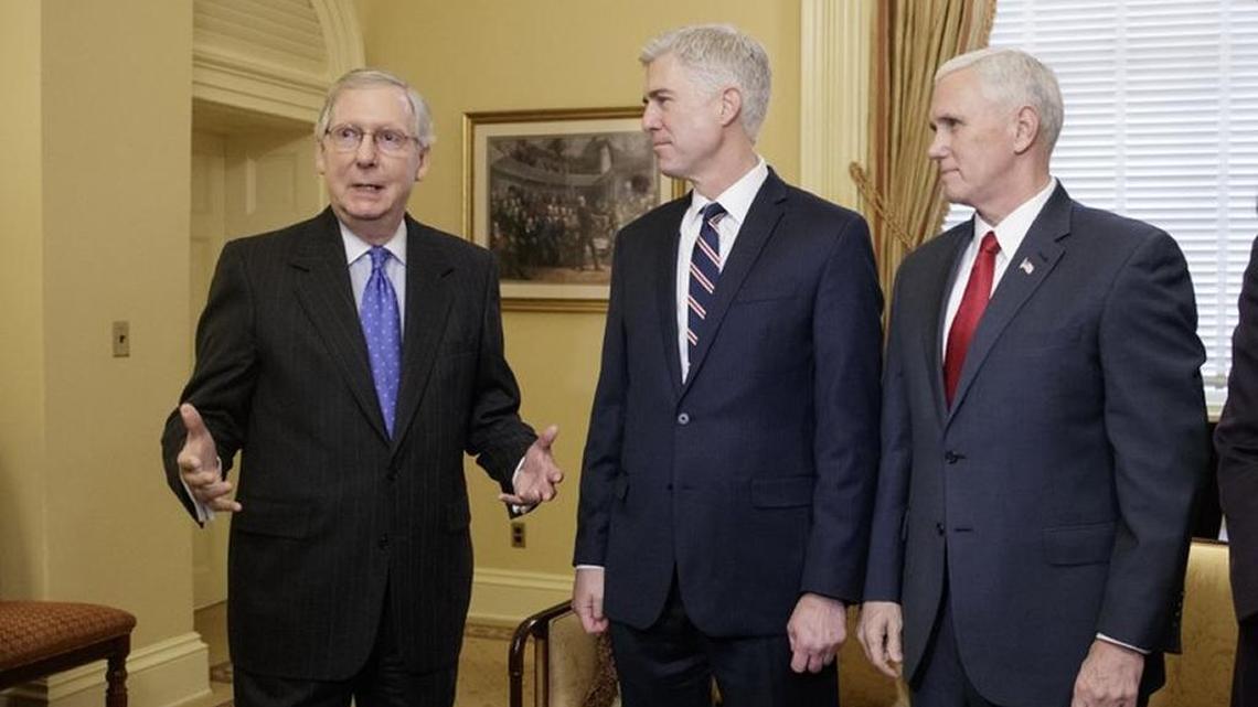 Senate Majority Leader Mitch McConnell with Supreme Court nominee Neil Gorsuch and Vice President Mike Pence.