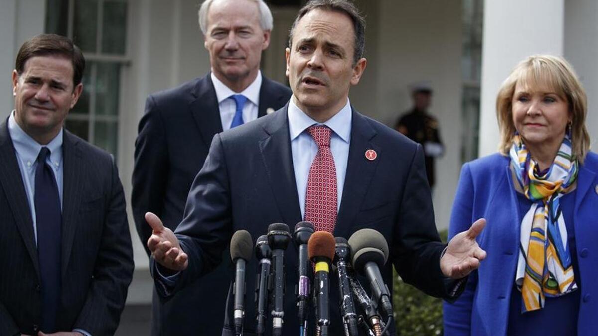 Kentucky Gov. Matt Bevin speaks to reporters outside the White House in Washington Feb. 27, following a meeting with President Donald Trump. From left are, Arizona Gov. Doug Ducey, Arkansas Gov. Asa Hutchinson, Bevin, and Oklahoma Gov. Mary Fallin.