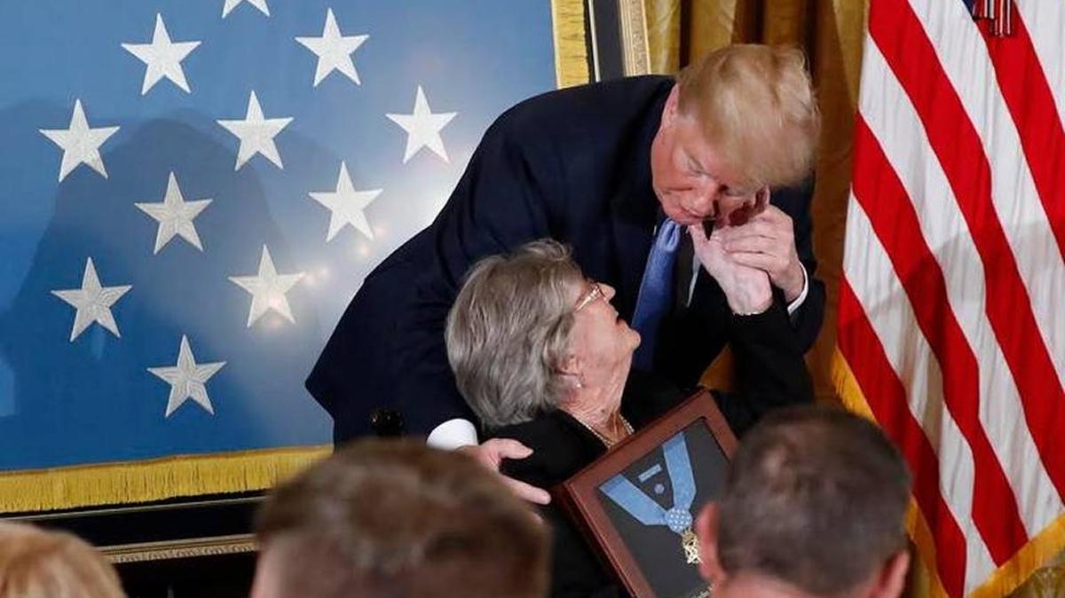 President Donald Trump awarded the Medal of Honor to 1st Lt. Garlin Conner as his widow Pauline Conner accepts the posthumous recognition, during a ceremony in the White House on June 26.