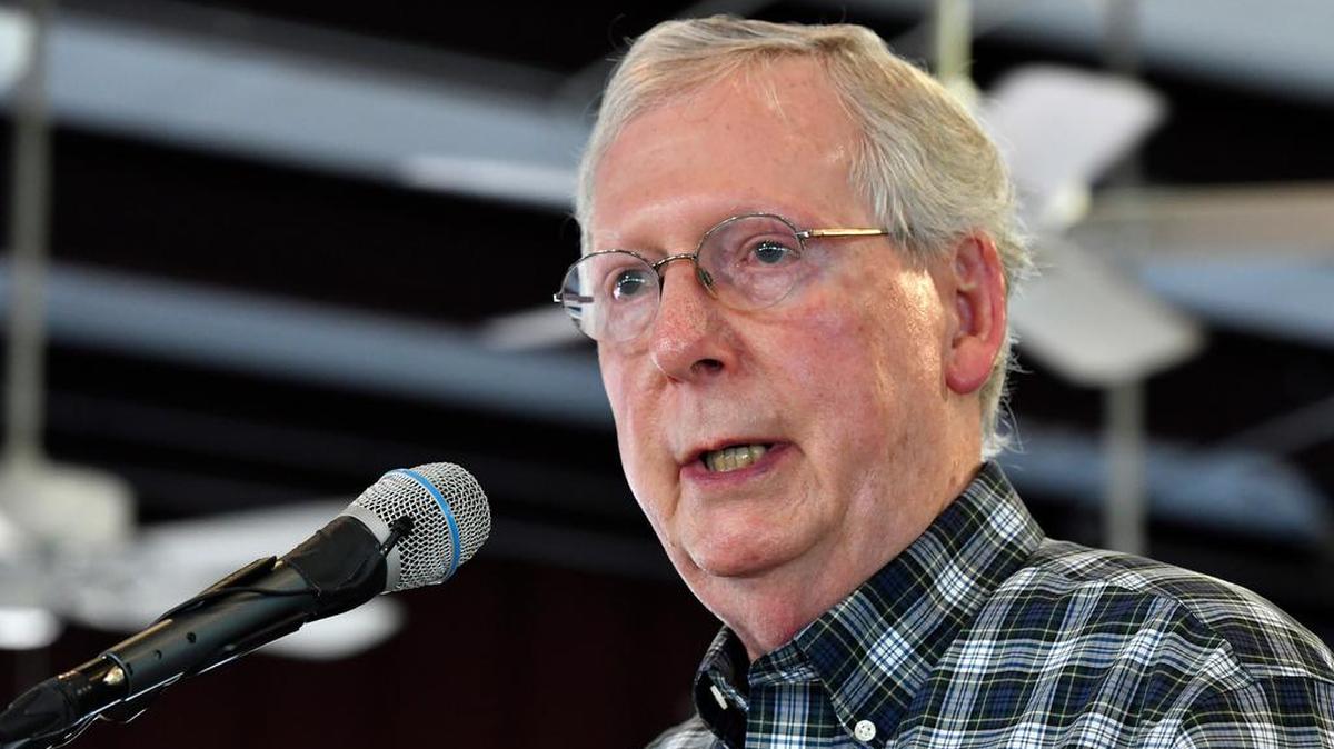 Senate Majority Leader Mitch McConnell, R-Ky., speaks to the audience gathered at the 138th annual Fancy Farm Picnic, Saturday, Aug. 4, 2018, in Fancy Farm, Ky. (AP Photo/Timothy D. Easley)