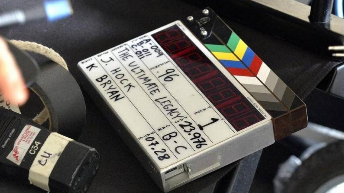 A clapboard sits waiting for use on the set of “The Ultimate Legacy” in production in LaGrange in 2015.