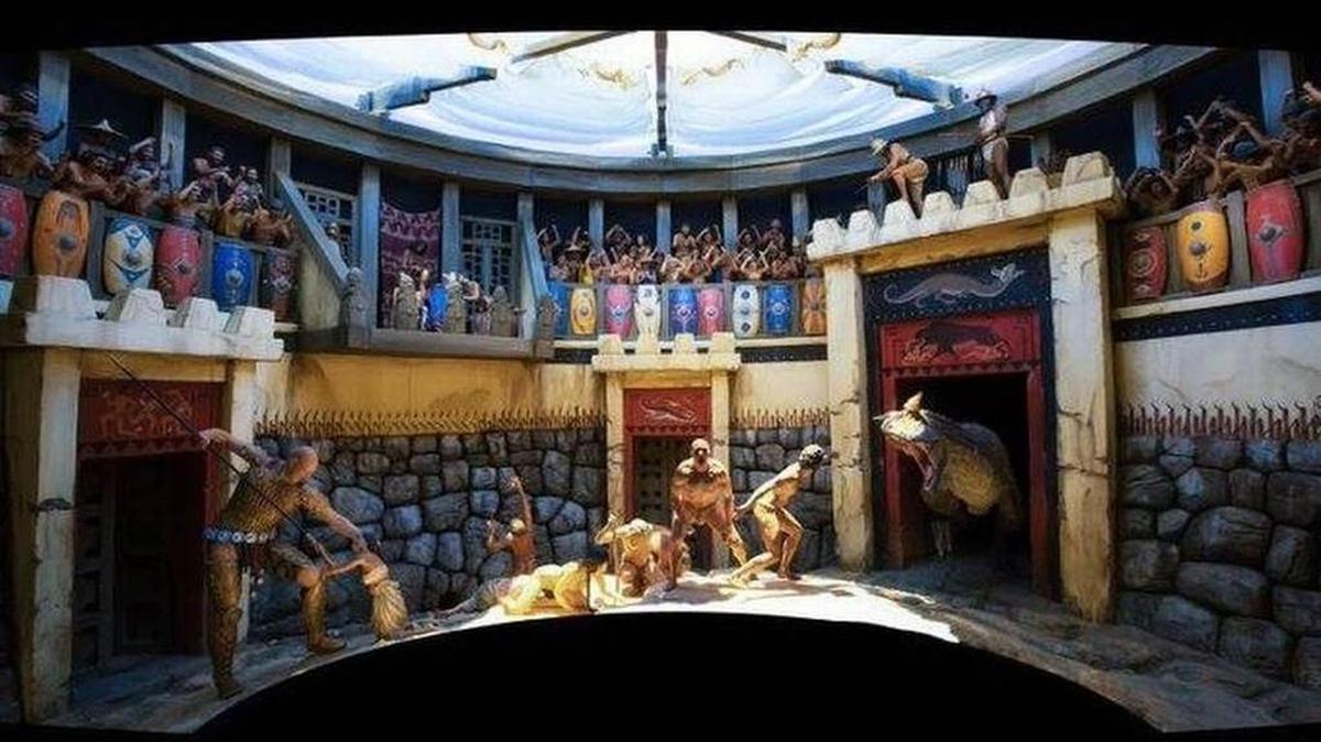 Ark Encounter exhibit showing man, giants and dinosaurs coexisting, contrary to scientific research.