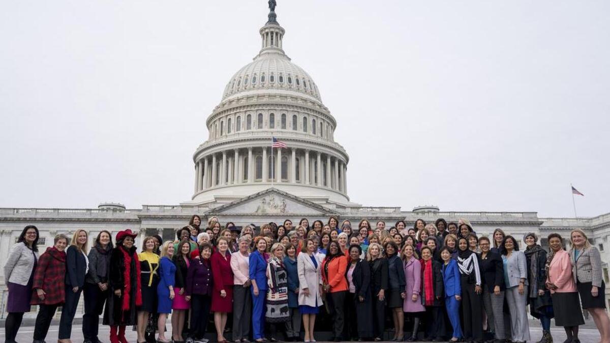 House Speaker Nancy Pelosi (D-Calif.) at the front of a group photo with women Democrats of the House outside the U.S. Capitol in Washington on Jan. 4. (Erin Schaff/The New York Times)