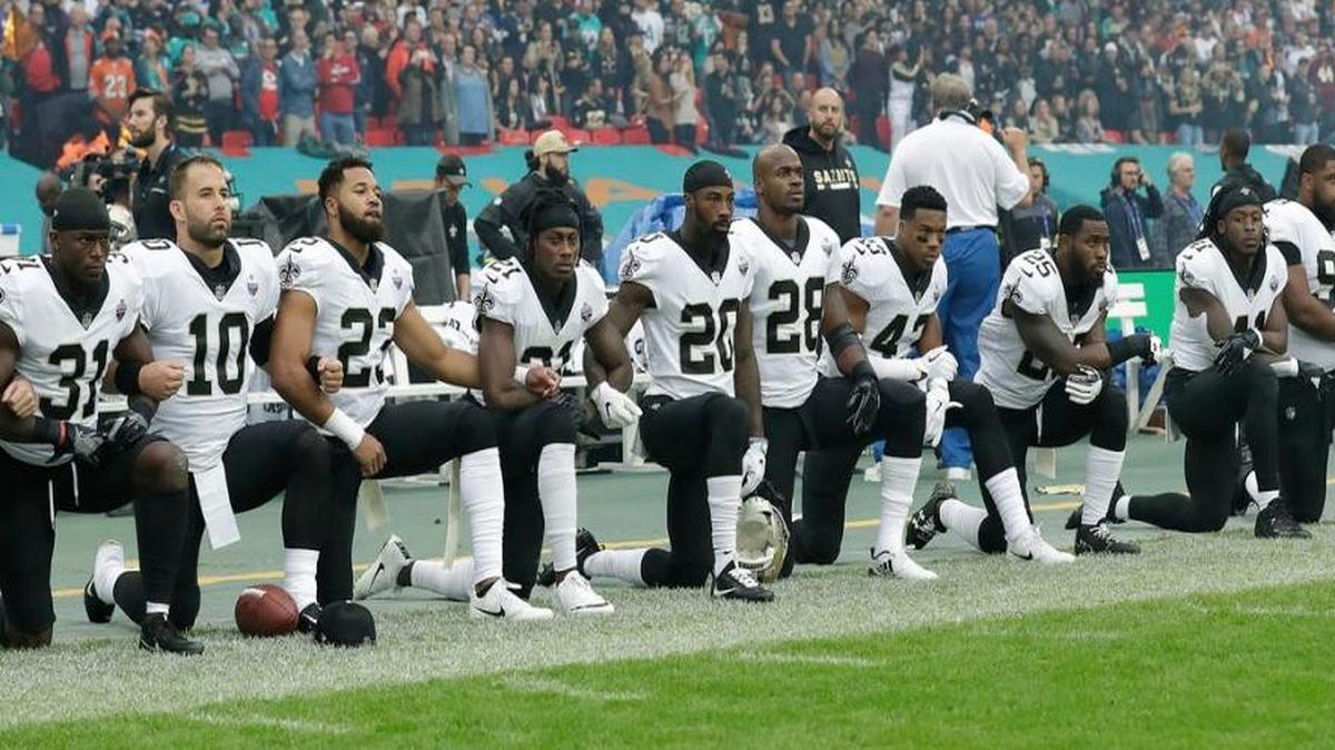 New Orleans Saints players knelt to protest racial injustices before the U.S. anthem was played for an NFL football game against the Miami Dolphins at Wembley Stadium in London on Oct. 1.