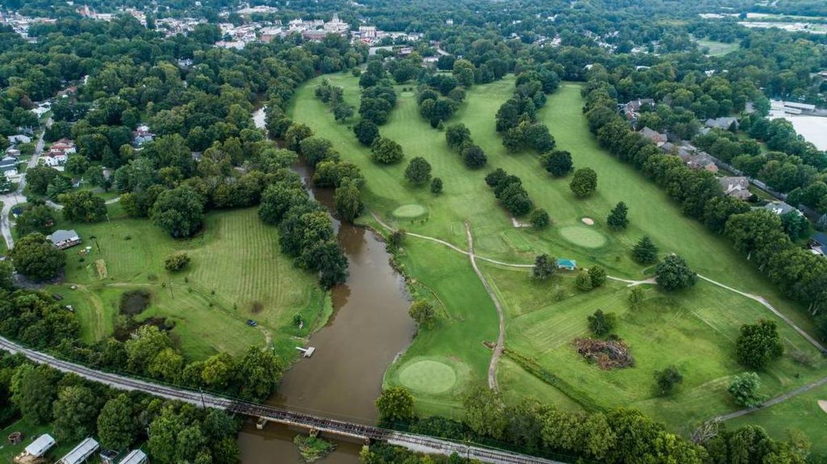 Aerial view of the more than 48-acre golf course near downtown Paris that is now being considered for a potential distillery.