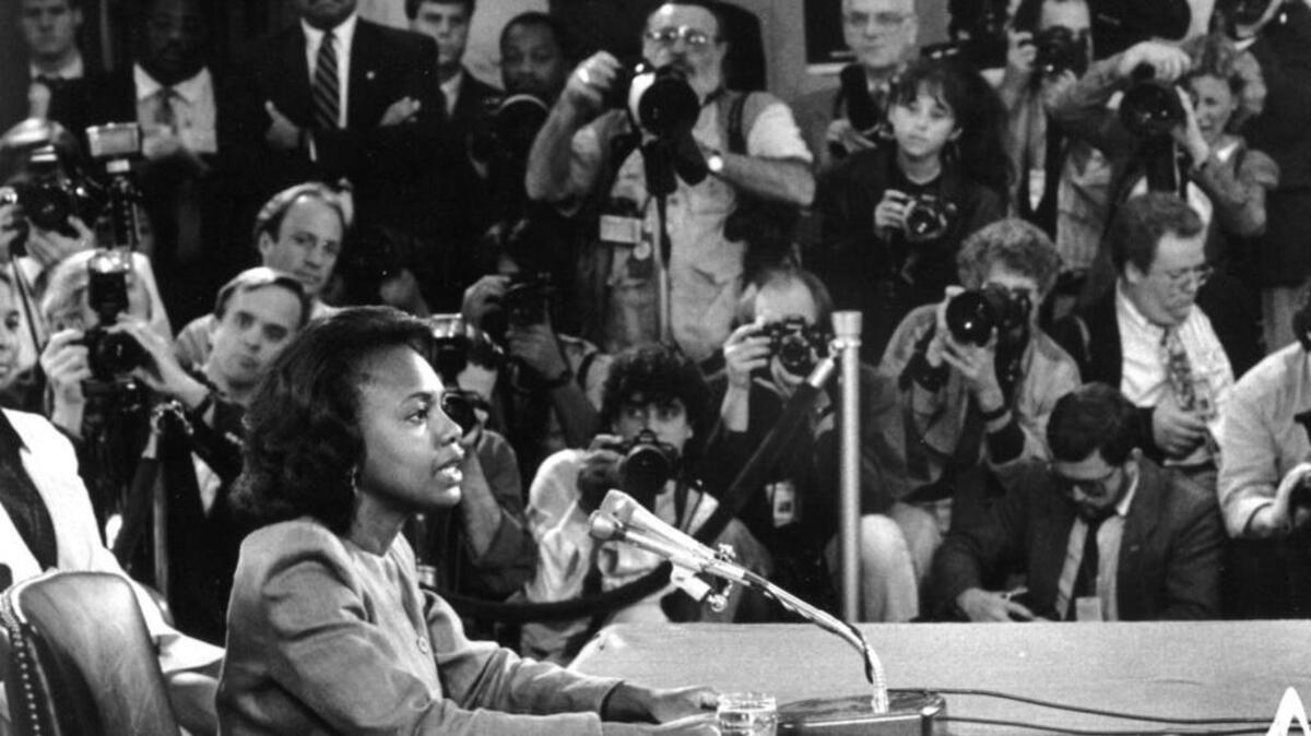 Anita Hill testified before the Senate Judiciary Committee on Capitol Hill in 1991, alleging sexual harassment charges against now Supreme Court justice Clarence Thomas.