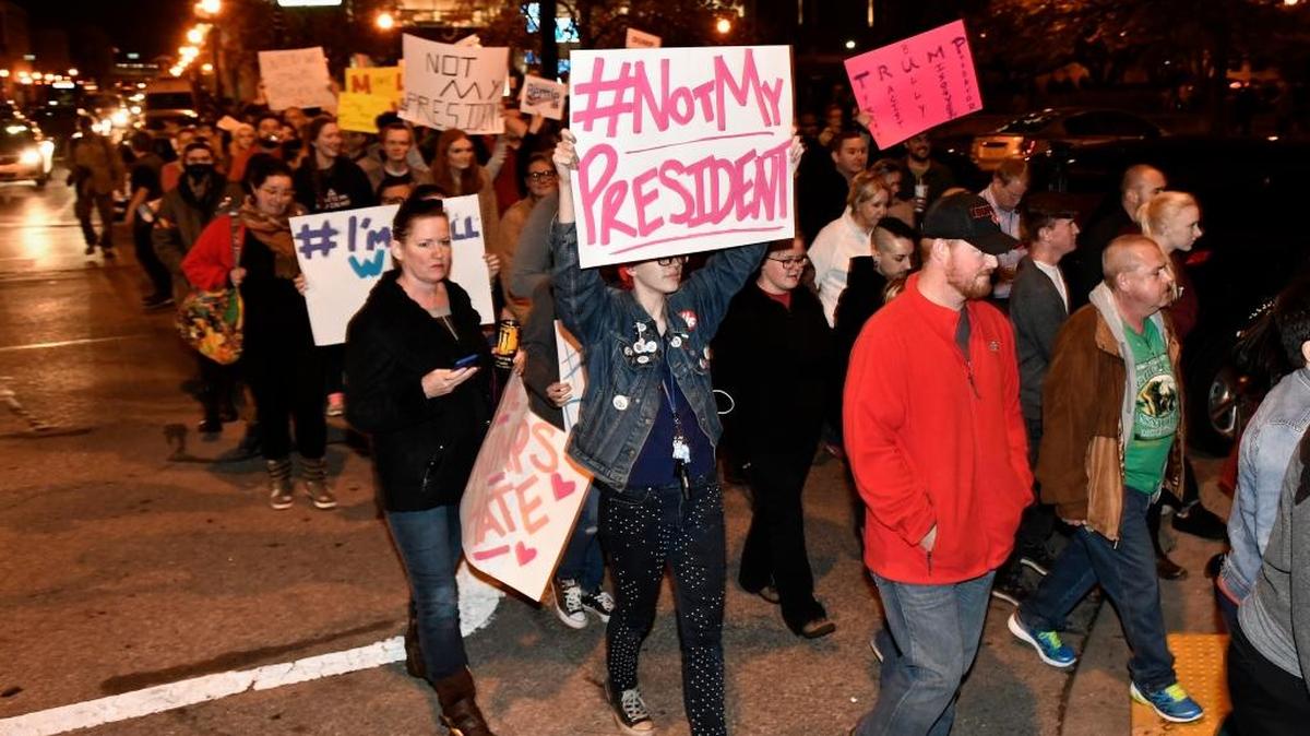 Protesters marched in Louisville Thursday following Donald Trump’s election as president.