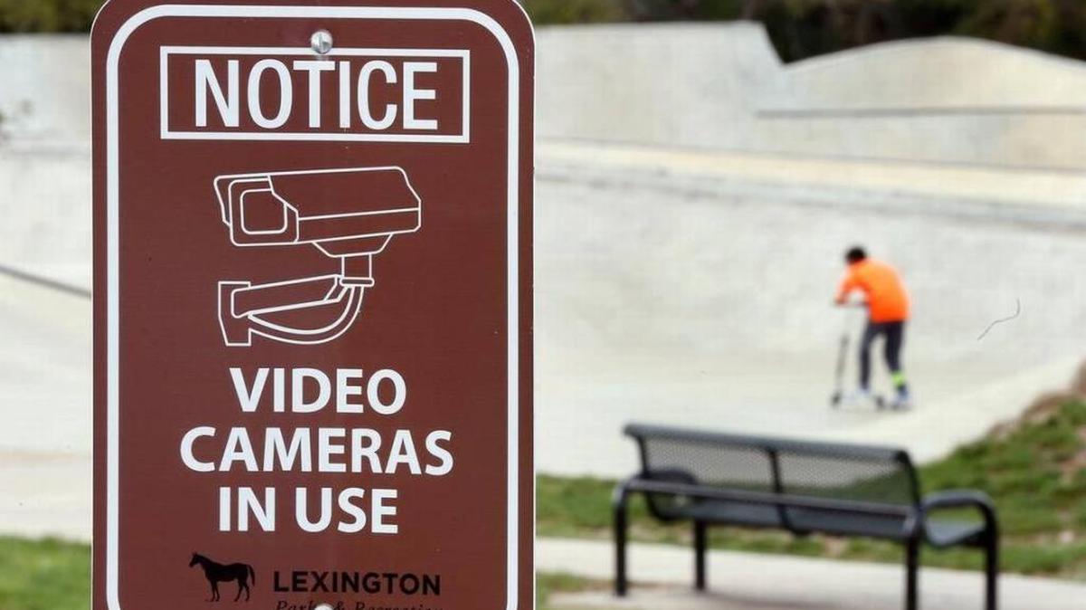 Surveillance cameras are in use in Berry Hill Skatepark on Buckhorn Drive in Lexington. A sign at the entrance states that video cameras are in use.