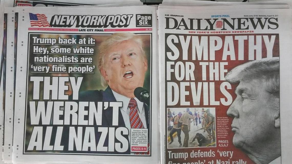 New York newspapers on Wednesday report on the previous day’s press conference where President Donald Trump gave supportive statements on the alt-right, neo-Nazis and white supremacists at the melee in Charlottesville, Va.