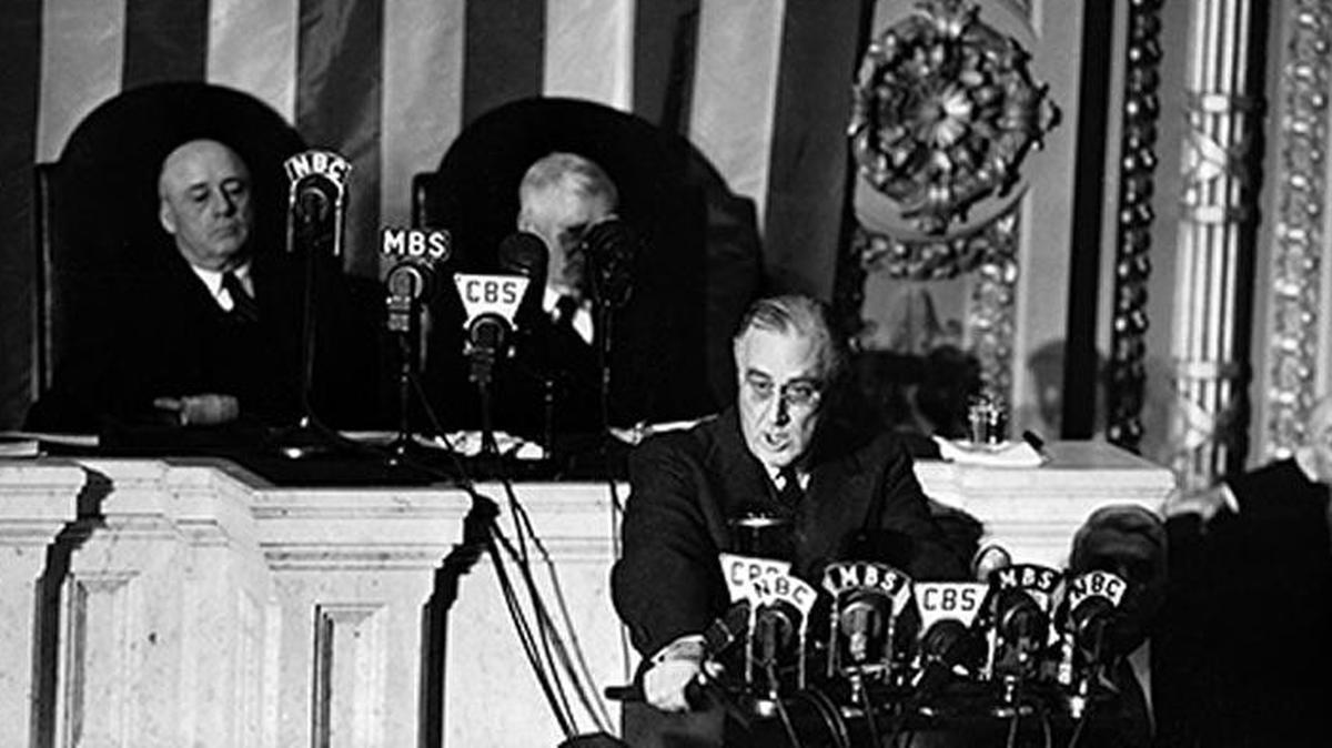 President Franklin D. Roosevelt delivering his famous “Four Freedoms” speech to the joint session of Congress on Jan. 6, 1941. Also visible are Speaker Sam Rayburn, left, and Vice President John N. Garner.
