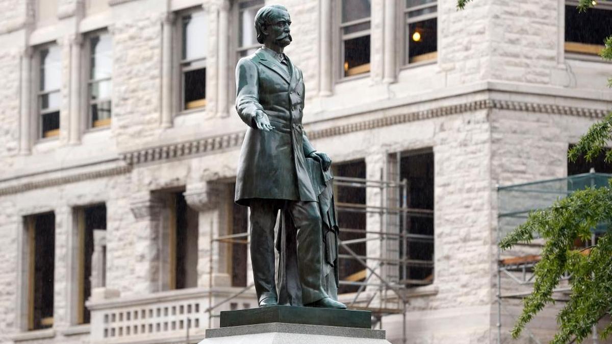 The John C. Breckinridge statue in Cheapside Park on West Main St. in Lexington, Ky., Monday, August 14, 2017. Lexington Mayor Jim Gray said Saturday he is taking steps to remove two controversial Confederate-era statues, the John C. Breckinridge and the General John Hunt Morgan statues, from the lawn of the former Fayette County Courthouse.
