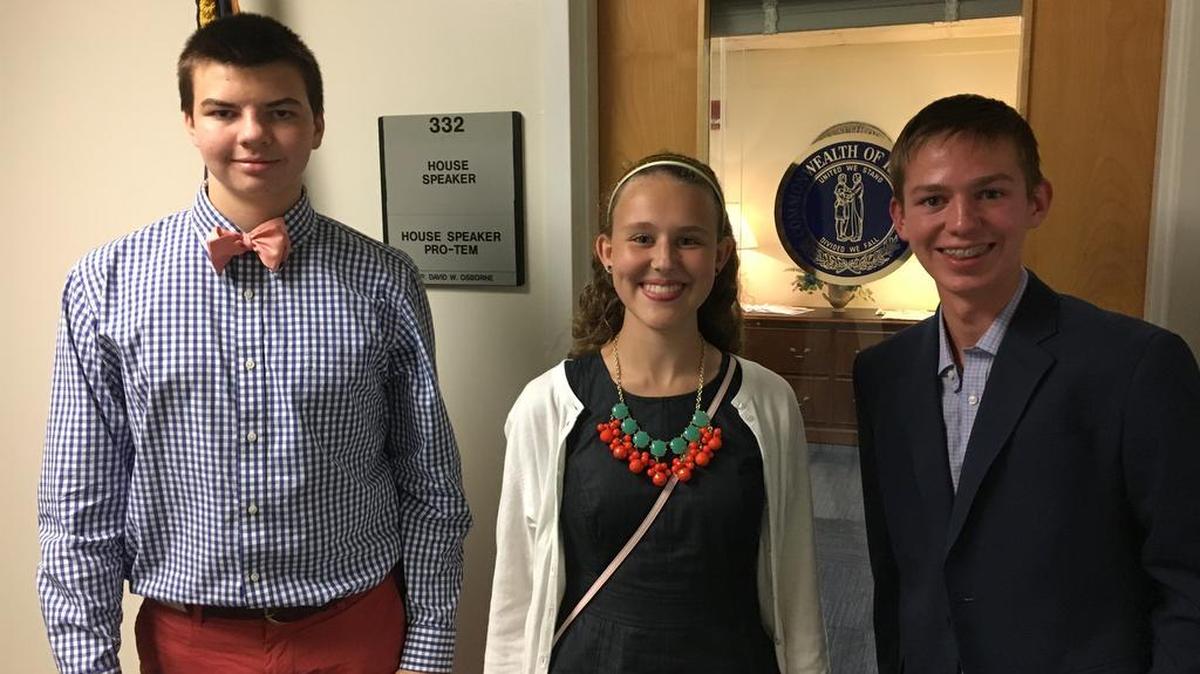 From right, Louisville high school students Charlie Gardner, Elizabeth George and Alex Young have lobbied Kentucky lawmakers to end corporal punishment in schools.