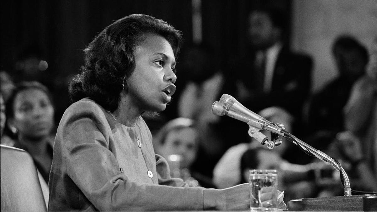 Anita Hill testified during the Clarence Thomas harassment hearings in Washington, Oct. 11, 1991. The explosive sexual assault accusations against Judge Brett Kavanaugh by Christine Blasey Ford eerily echo that confirmation battle in a different era for women.