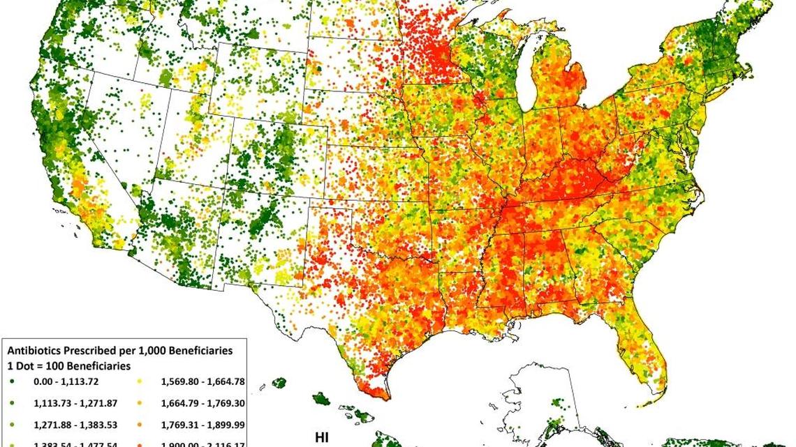 Kentucky is ground zero for antibiotic prescribing. This map shows zip code level rates for antibiotics prescribed per 1,000 fee-for-service Medicare beneficiaries with Part D coverage in 2016.