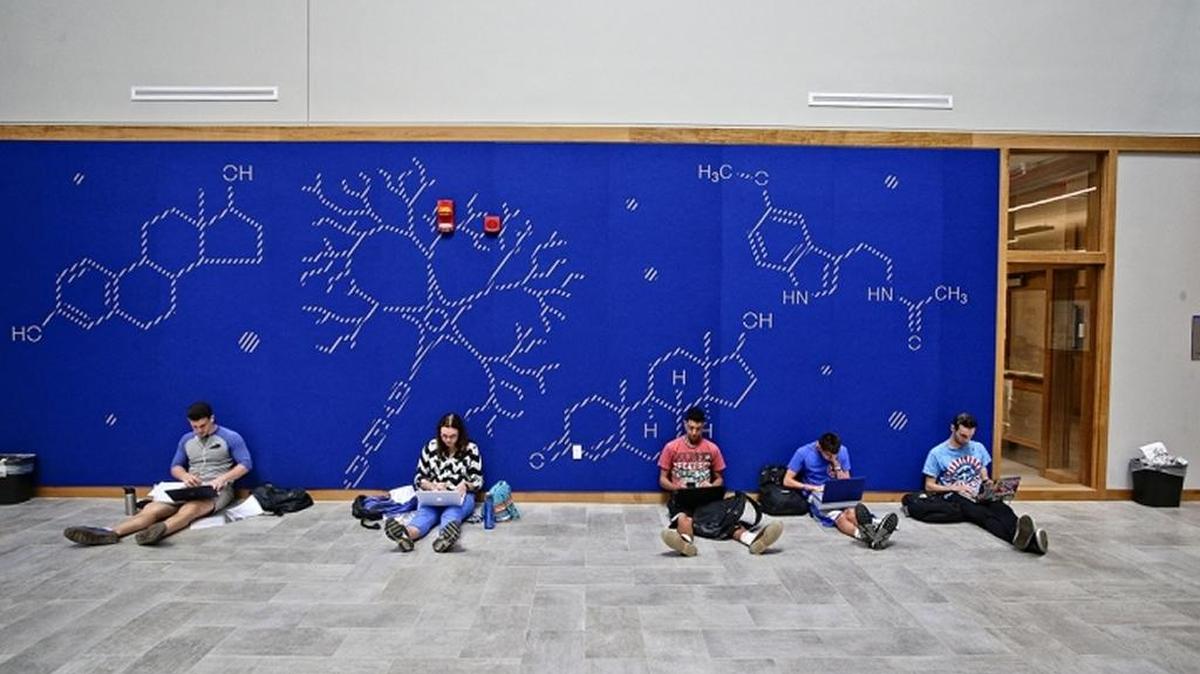 Students check their laptops in the Don & Cathy Jacobs Science Building at the University of Kentucky.