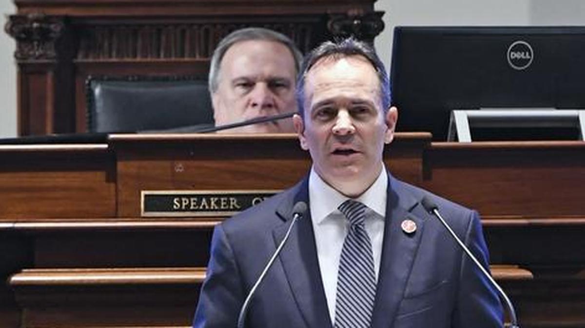 Kentucky Gov. Matt Bevin spoke to a joint session of the General Assembly at the Capitol, Tuesday. “Behind him,” writes Larry Webster, “was the Buddha-like face of Sen, Robert Stivers,” president of the Kentucky Senate.