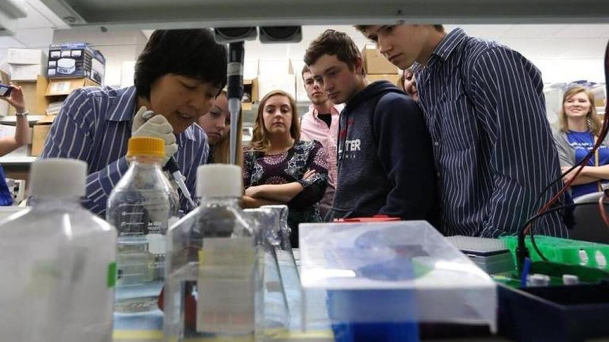 Mercer County High School students learned about isolating DNA by watching Dr. Tianyan Gao during “Meet to Researchers Day” at University of Kentucky’s Markey Cancer Center in April.