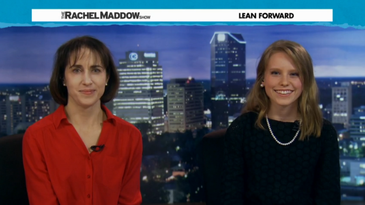In this screen shot from MSNBC’s Rachel Maddow Show, Eliza Jane Schaeffer, right, joined Prichard Committee Student Voice Team senior director Rachel Burg Belin last year in promoting legislation to allow Kentucky school districts to add a student to superintendent screening committees. The legislation did not pass.