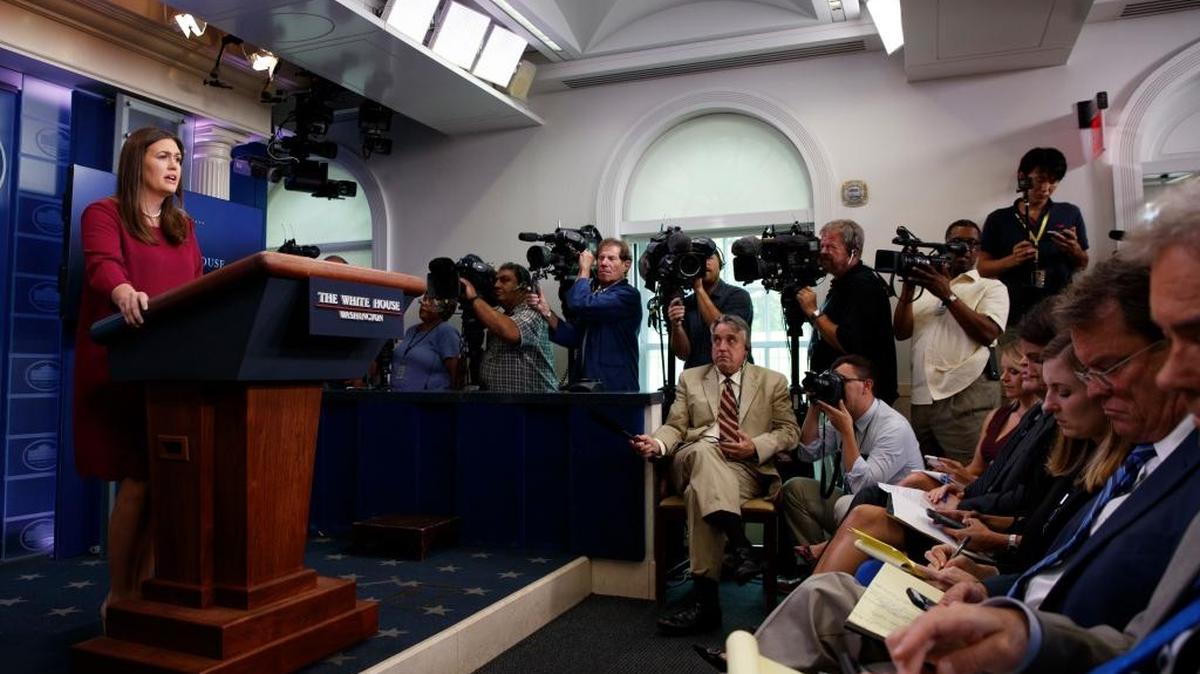White House press secretary Sarah Huckabee Sanders spoke during the Aug. 31 press briefing.