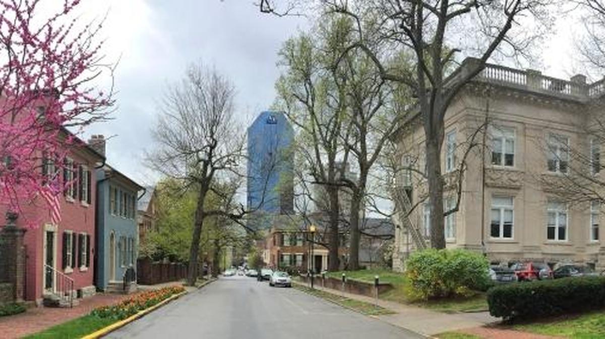 An April scene looking down south down Market Street from Gratz Park in Lexington