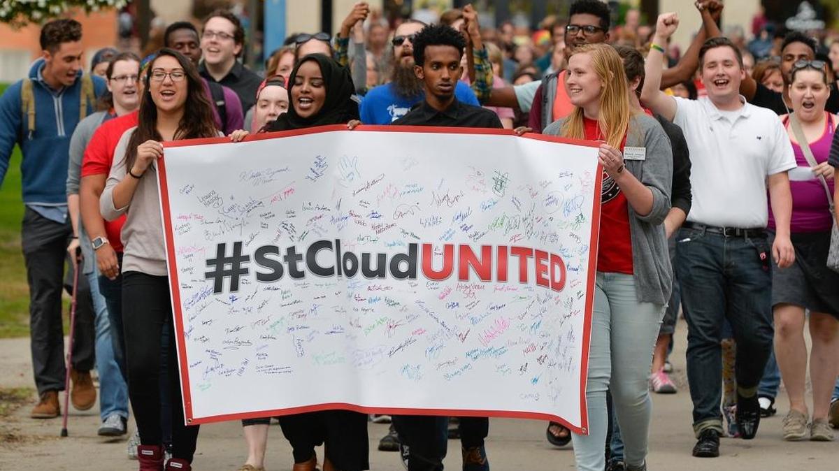 Students of St. Cloud State University marched Tuesday in a show of peace following a rally responding to Saturday’s knife attack at a mall. Authorities say 20-year-old Dahir Ahmed Adan stabbed 10 people before he was killed by an off-duty police officer.