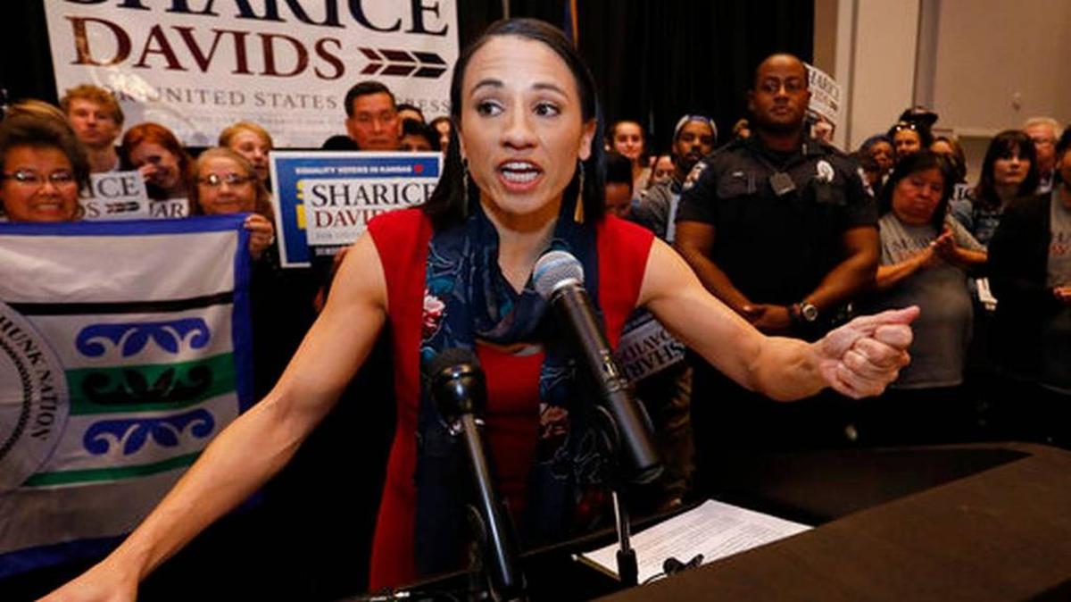 Democratic House candidate Sharice Davids spoke to supporters at a victory party Tuesday night in Olathe, Kan. One of two Native American women elected in the midterms. Davids defeated Republican incumbent Kevin Yoder.
