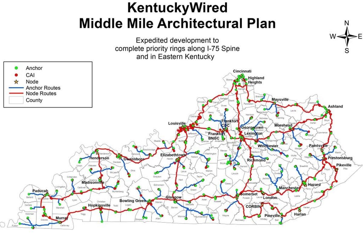 This map shows the statewide “middle mile” broadband network to be built as part of a public-private partnership that grew out of the Shaping Our Appalachian Region initiative. Construction is not scheduled to be completed until 2020.