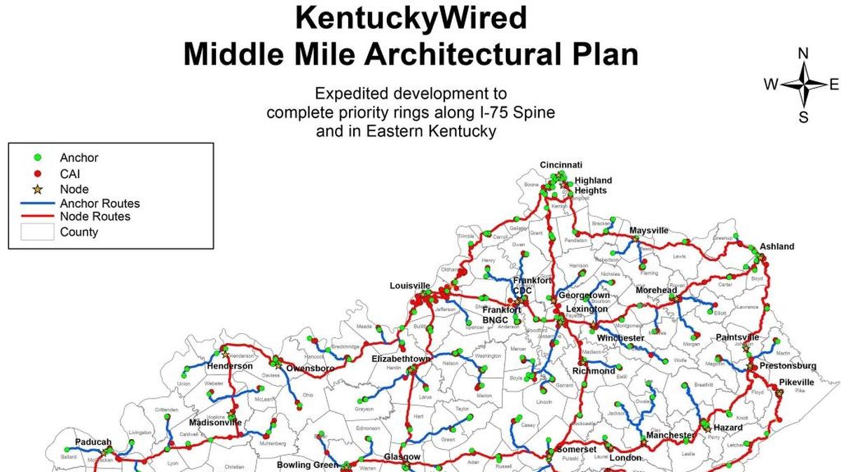 This map from 2017 shows Kentucky Wired, the statewide “middle mile” broadband network to be built as part of a public-private partnership that grew out of the Shaping Our Appalachian Region initiative.