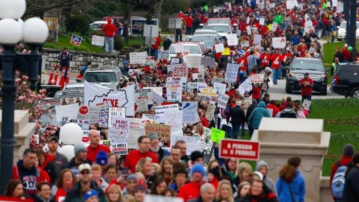 Thousands of teachers from all over Kentucky marched to the Capitol Monday in protest of the passage of Senate Bill 151 which changes the public pension system. Public schools in all 120 Kentucky counties are closed Monday, either to join in the protest or because of spring break.