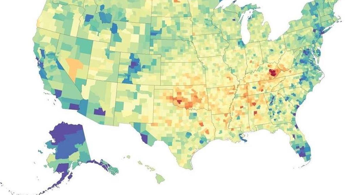 Change in life expectancy at birth by county, 1980-2014.