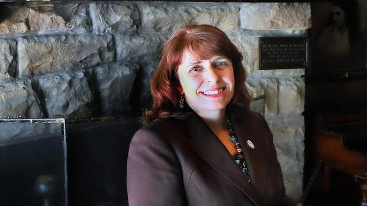 Susan Stone, president of Frontier Nursing University, stood in front of a portrait of school founder Mary Breckinridge.