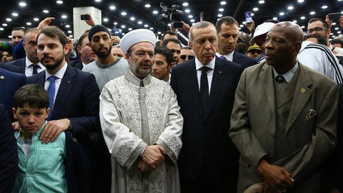 Turkey's President Recep Tayyip Erdogan, second right, Mehmet Gormez, the head of Turkey's religious affairs, second left, and Berat Albayrak, Turkish energy minister and son-in-law of Erdogan, left, attended a traditional Muslim service for Muhammad Ali in Louisville on June 9. Erdogan cut his visit short after several of his plans to honor Ali were rejected or ignored.