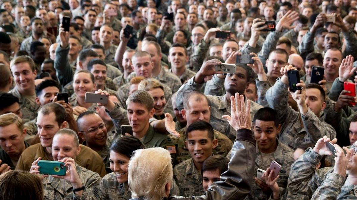 President Donald Trump waved Nov. 5 to a crowd of U.S. military after speaking at a hanger rally at Yokota Air Base in Fussa, on the outskirts of Tokyo, Japan.