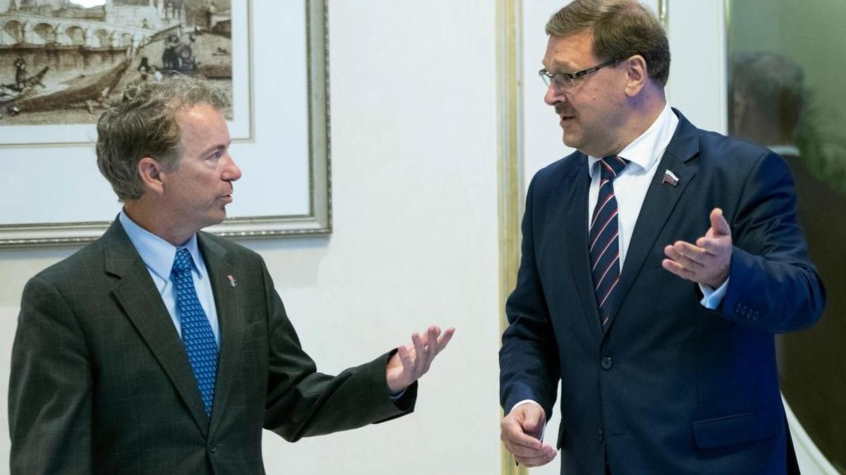 Sen. Rand Paul, left, spoke with chairman of the Russian Federation Council Committee on International Affairs Konstantin Kosachev during their meeting in Moscow on Aug. 6. Paul invited Russian lawmakers to visit the United States to help foster inter-parliamentary contacts.