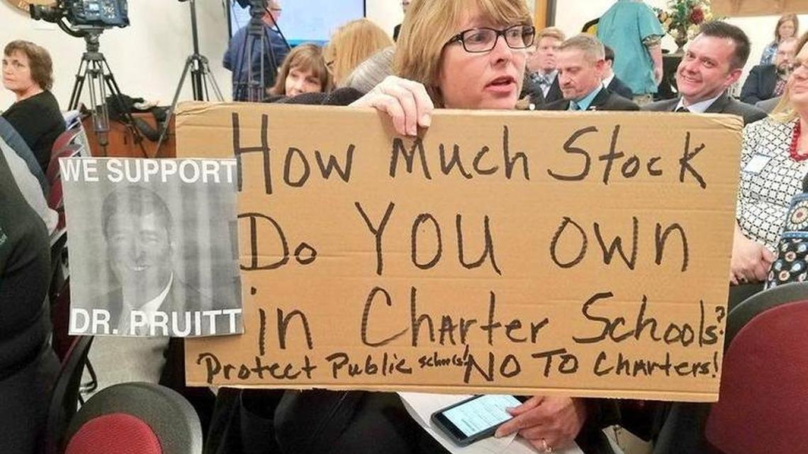 Donna Meers, a former teacher from Lexington, supported former Kentucky Education Commissioner Stephen Pruitt in Frankfort on April 17.