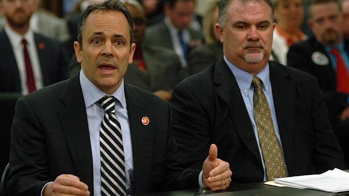 Gov. Matt Bevin, left, and Rep. John Carney, chairman of the House Education Committee, urged passage of a charter-school law during this year’s legislative session.