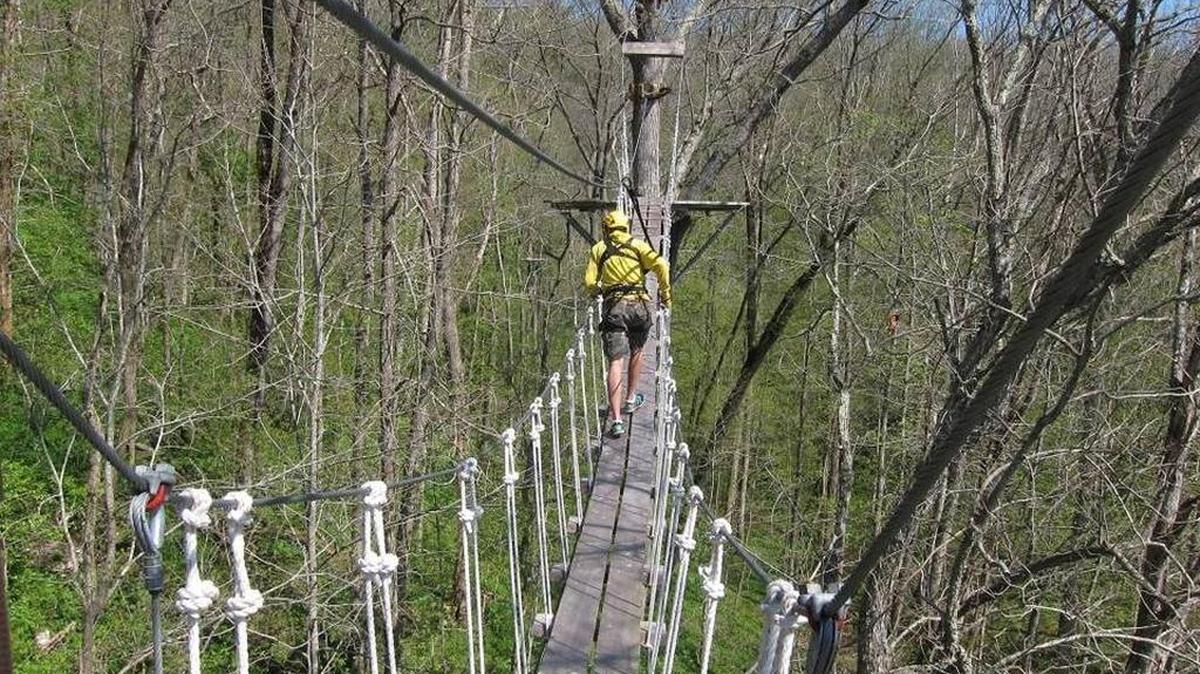 Boone Creek Outdoors’ canopy tour includes ziplines and swinging bridges over the gorge formed by Boone Creek shortly before it empties into the Kentucky River along the Palisades.