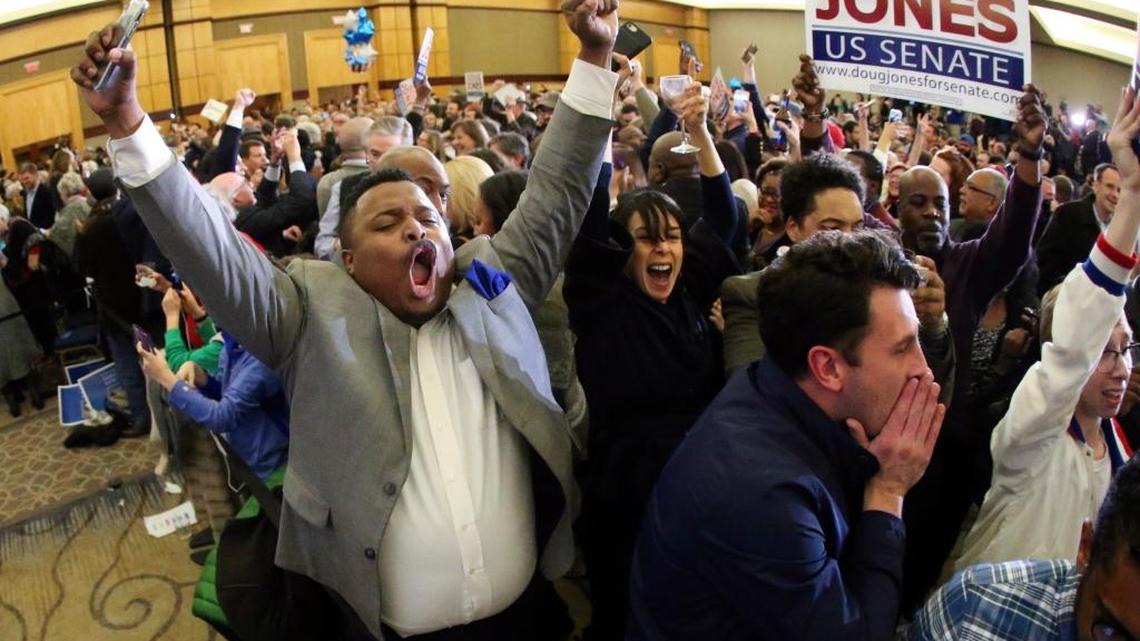 Supporters of victorious Democratic U.S. Senate candidate Doug Jones erupted in celebration during an election-night watch party on Dec. 12 in Birmingham, Ala.
