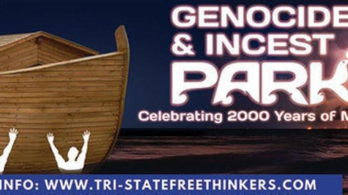 A proposed billboard that an atheist group is raising money to display close to a theme park with a replica of Noah’s Ark. The Grant County park, by the developers of the Creation Museum, is expected to open in July.