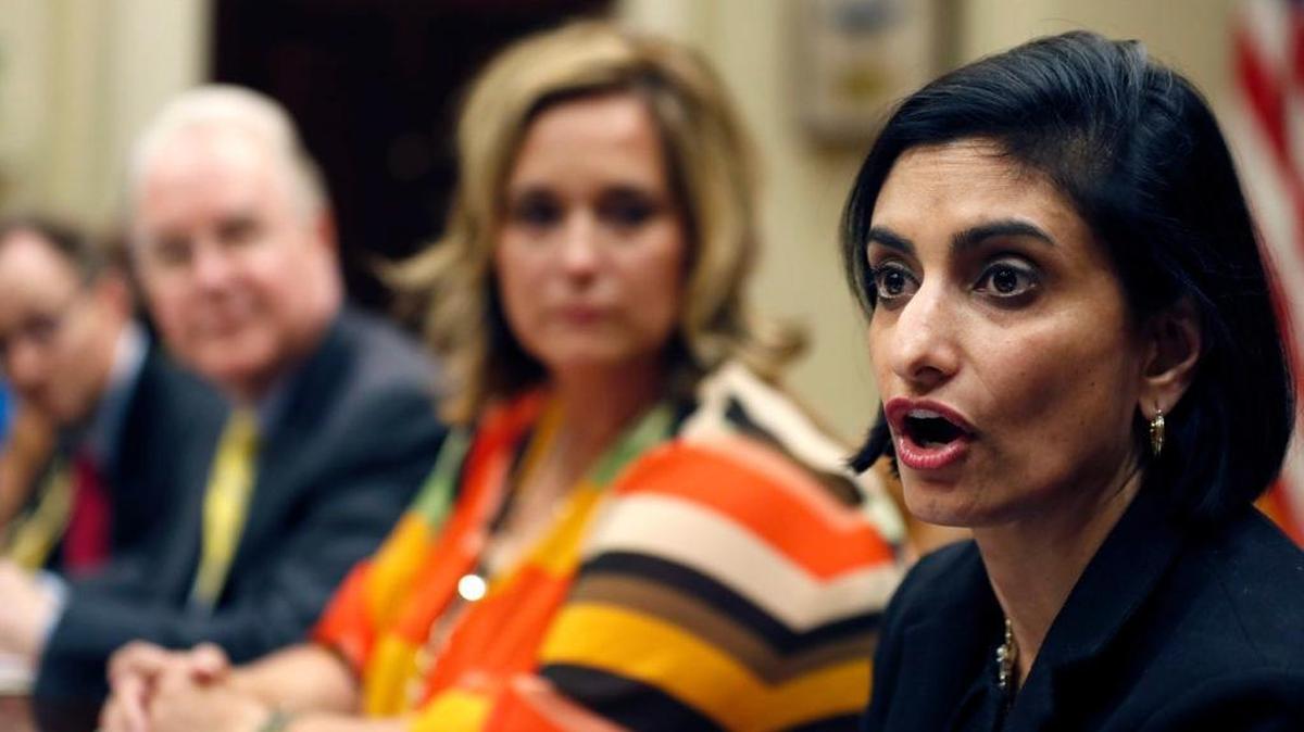 Seema Verma, administrator of the Centers for Medicare and Medicaid Services, spoke during a listening session in the Roosevelt Room of the White House, June 21, 2017. Listening were Dr. Douglas Lake, from Iowa, left; Tom Price, then-Health and Human Services secretary, and Candace Fowler, from Missouri.